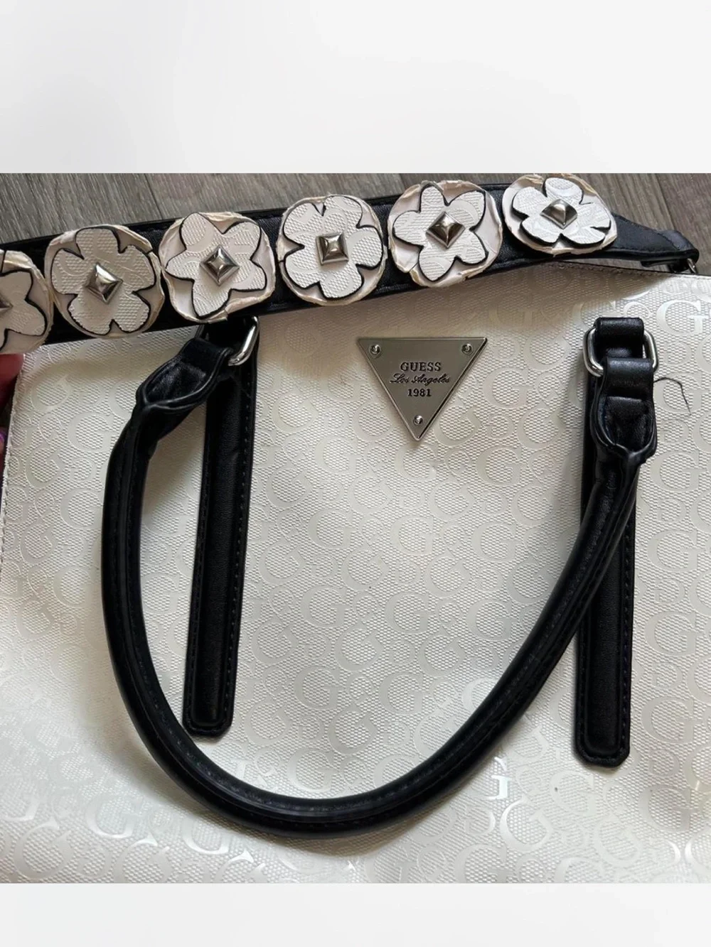 Guess White and Black Logo-Print Satchel with Strap